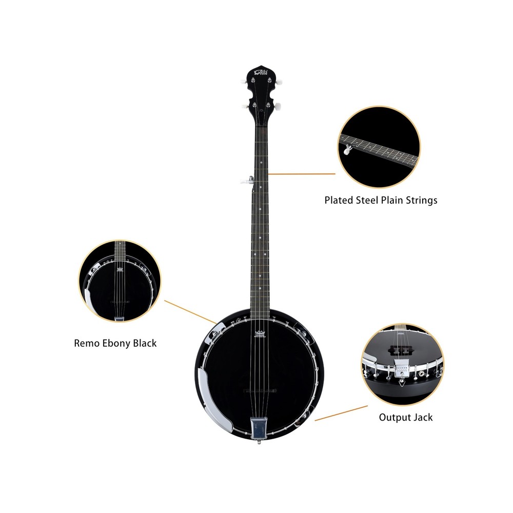 5 String Full Size Acoustic Electric Banjo Solid Back Remo Ebony Black Top Sa...