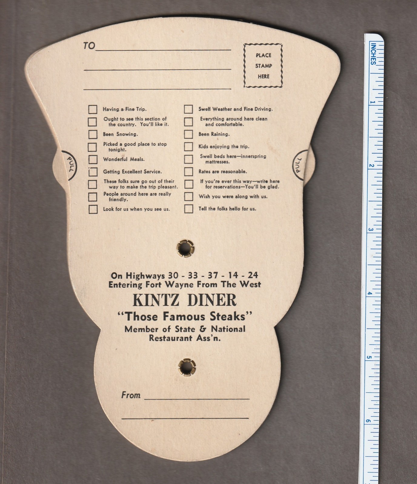 Vintage 1950's-60s KINTZ DINER Handheld FAN~FORT WAYNE, IN. Restaurant~POSTCARD