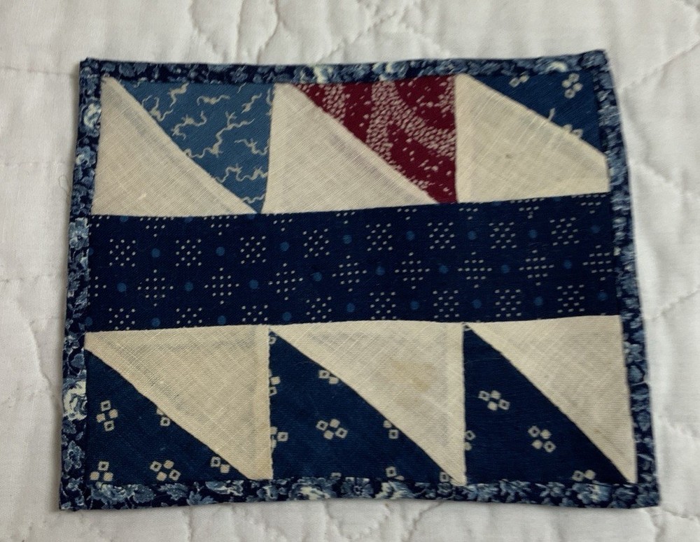 Antique Patchwork Quilt Table Topper, Early Calico Prints, Triangles, Navy, Blue