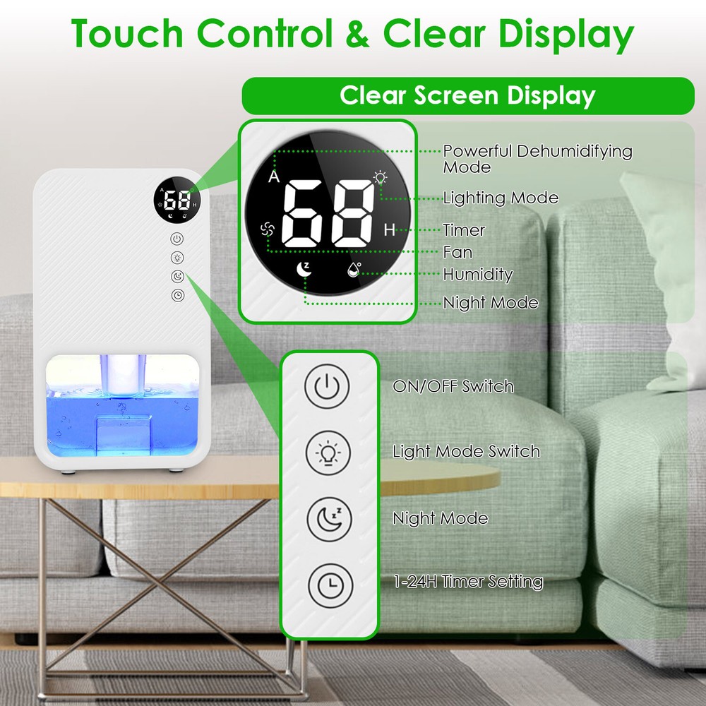 37.2OZ Dehumidifier Coverage Touch Control Portable Home Bedroom Dehumidifier