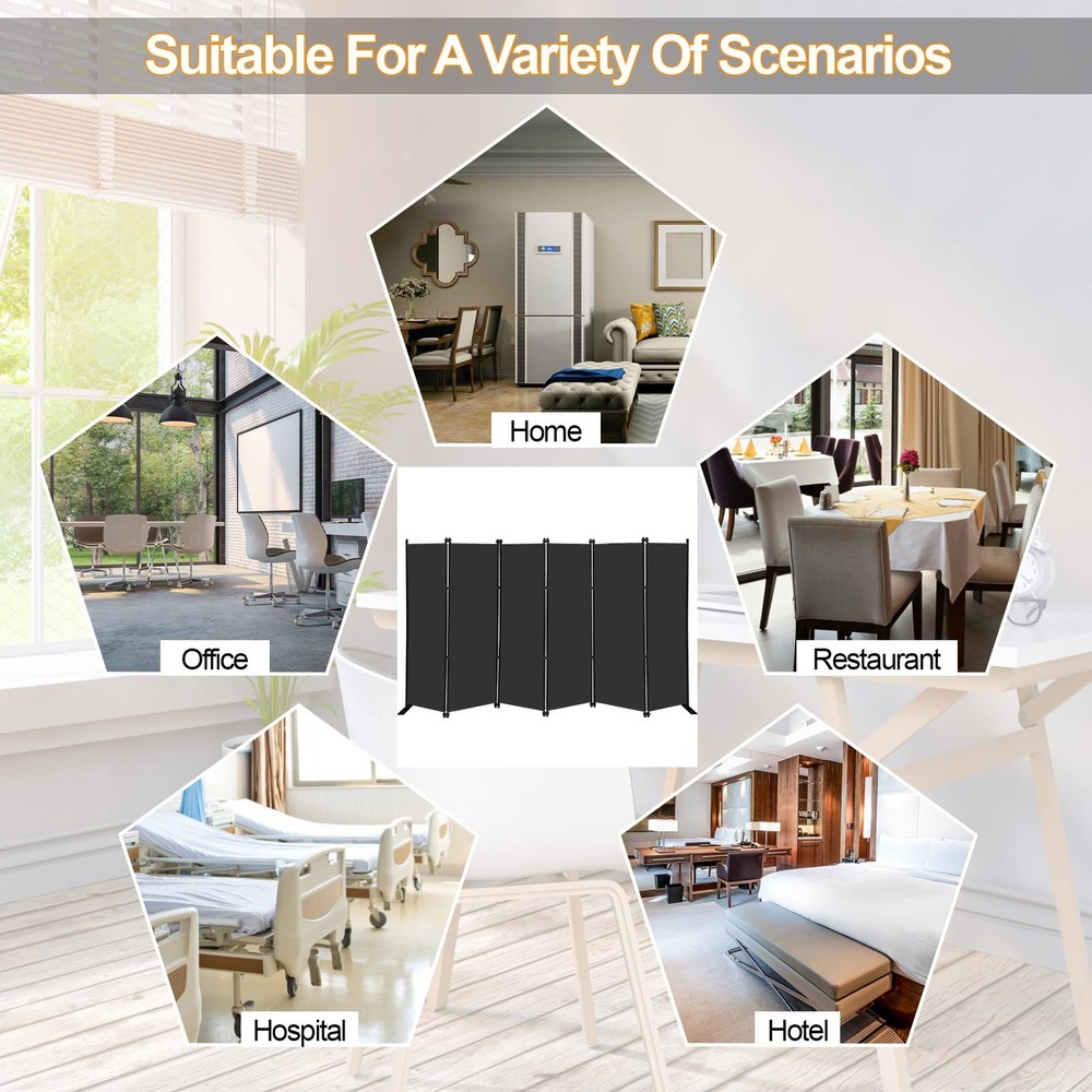MAYOLIAH 6 Panel Folding Privacy Screen 9ft Wide, 6ft Tall 6 Panel, Black