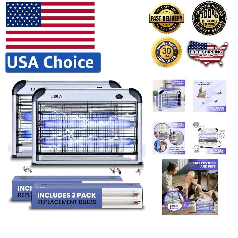 Powerful Electric Bug Zapper Set - 2 Indoor Units with 4 Bonus Replacement Bulbs