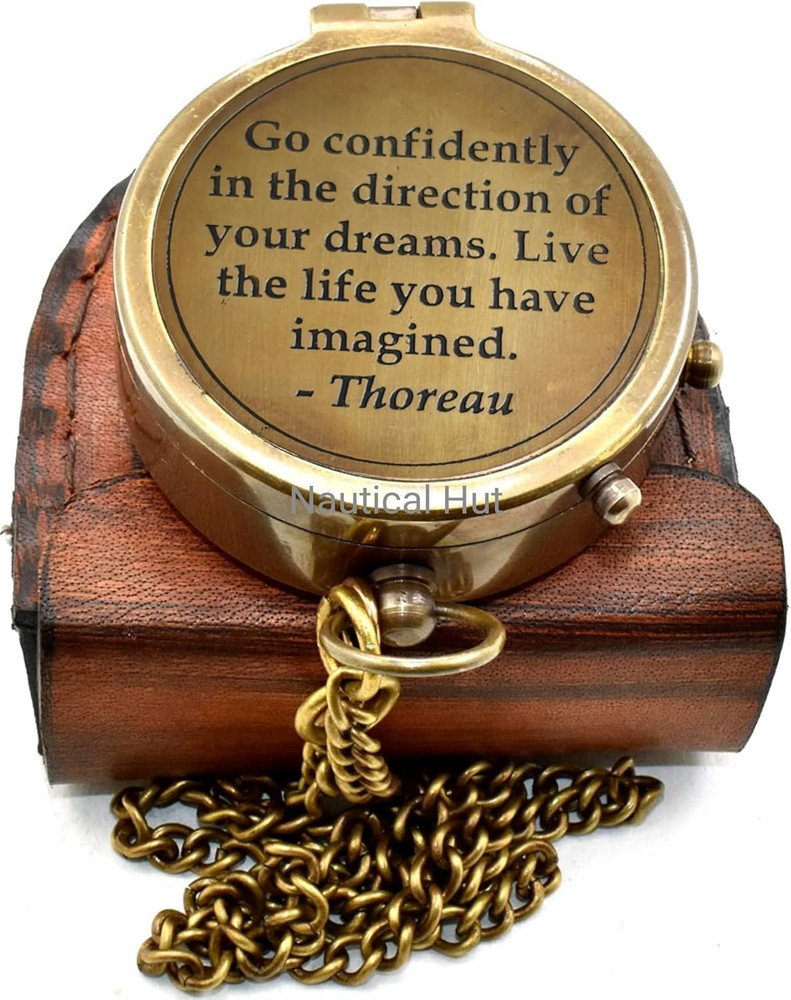 Thoreau'S Go Confidently Engraved Solid Brass Nautical Pocket Compass with Leath