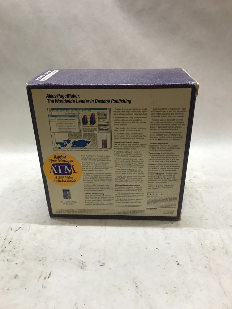 Aldus PageMaker Version 4.0 For Windows 3.0 Big Box Software With Floppy!!! - DW