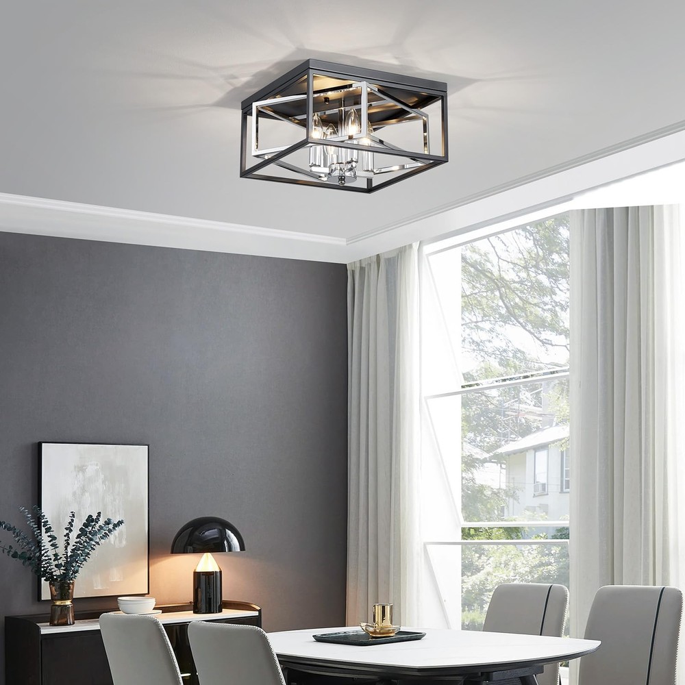 Square Ceiling Light, 4-Light Flushmount Modern Close to Ceiling Light Fixtur...