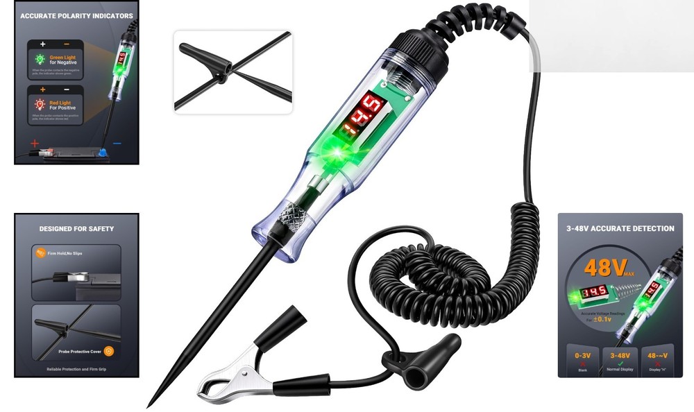 Versatile 3-48V Circuit Tester with Flexible Wire - Essential Tool for Mechanics