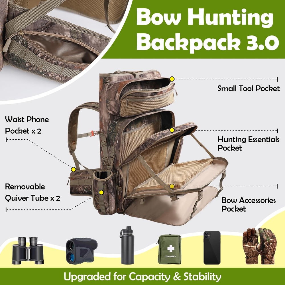 Bow Hunting Backpack 3.0 for Men, Saddle Camo backpack with Bow Holder, Compo...