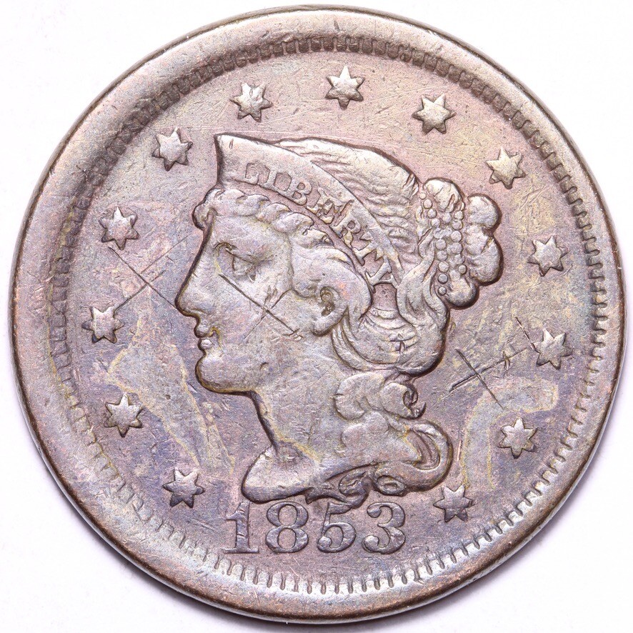 1853 Braided Hair Large Cent FINE Repunched 3 E799 UCA