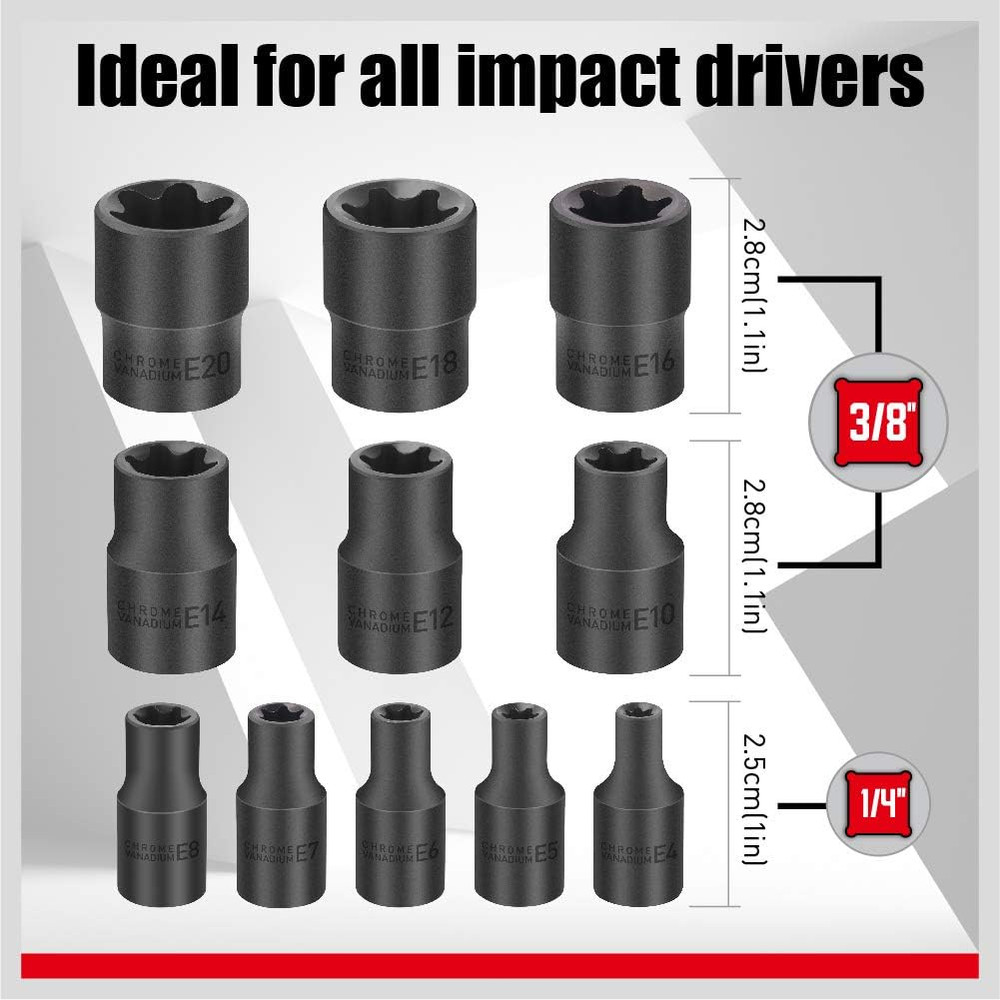 11-Piece E-Torx Socket Set - Star Socket Set with Socket Rail, External To