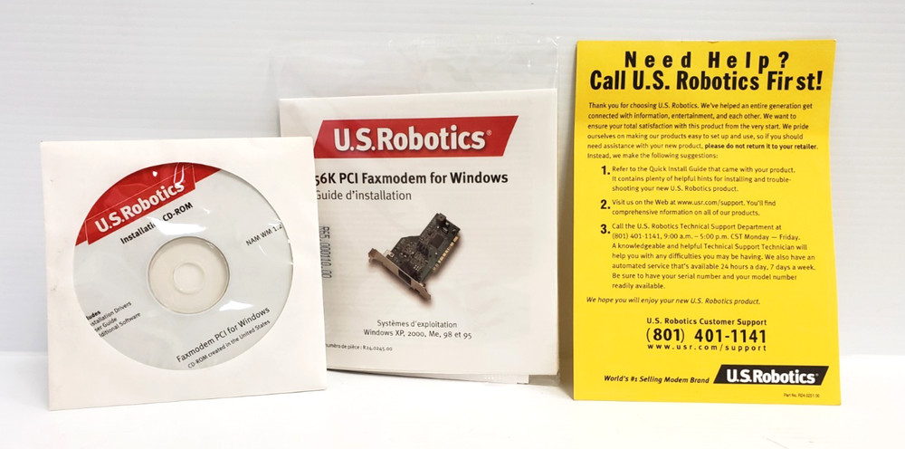 US Robotics 56K PCI Dialup Modem Windows V.90 V.92 5699B Box Documents Software