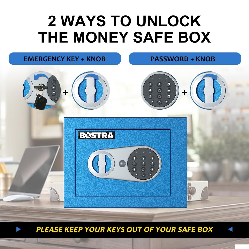 Botsa Fireproof Safe Box with Sensor Light Digital Keypad, Blue (6.6"x9"x6.5")