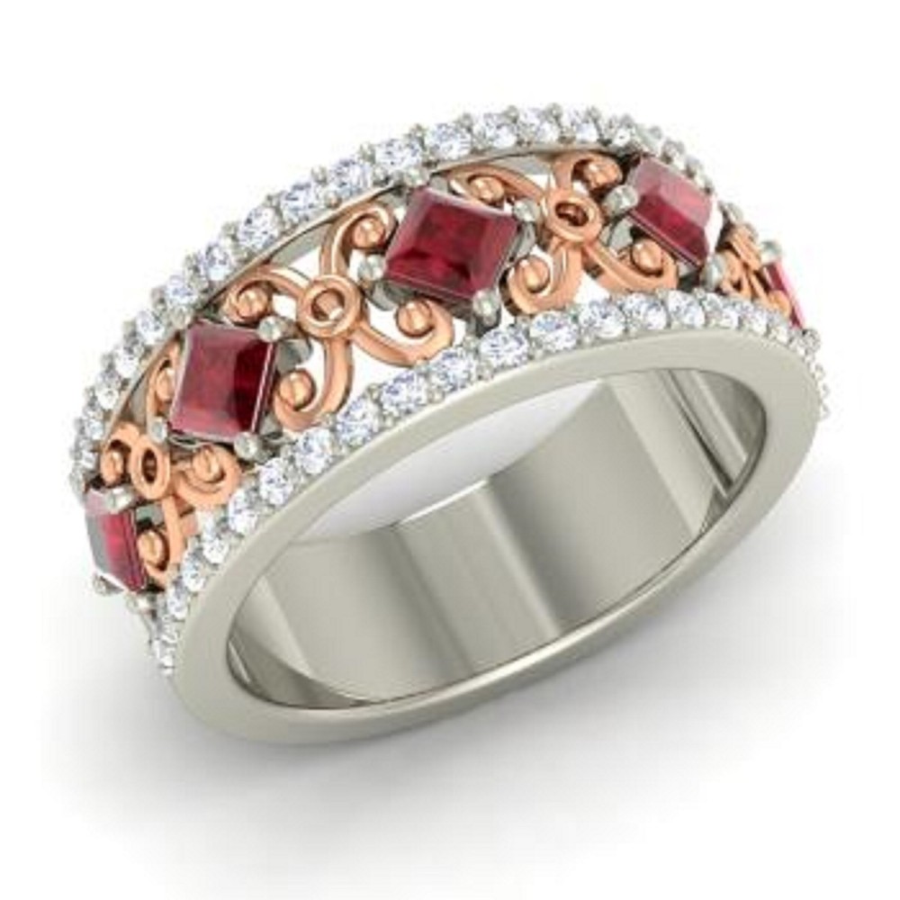 1.31 Ct Natural Princess Shape Ruby Diamond Ring 14K Solid White Gold