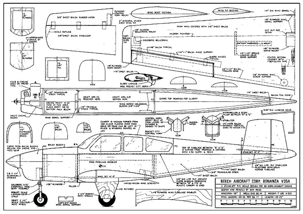 RC plans & Full Size Patterns BEECH AIRCRAFT CORP. BONANZA V35A span 59"