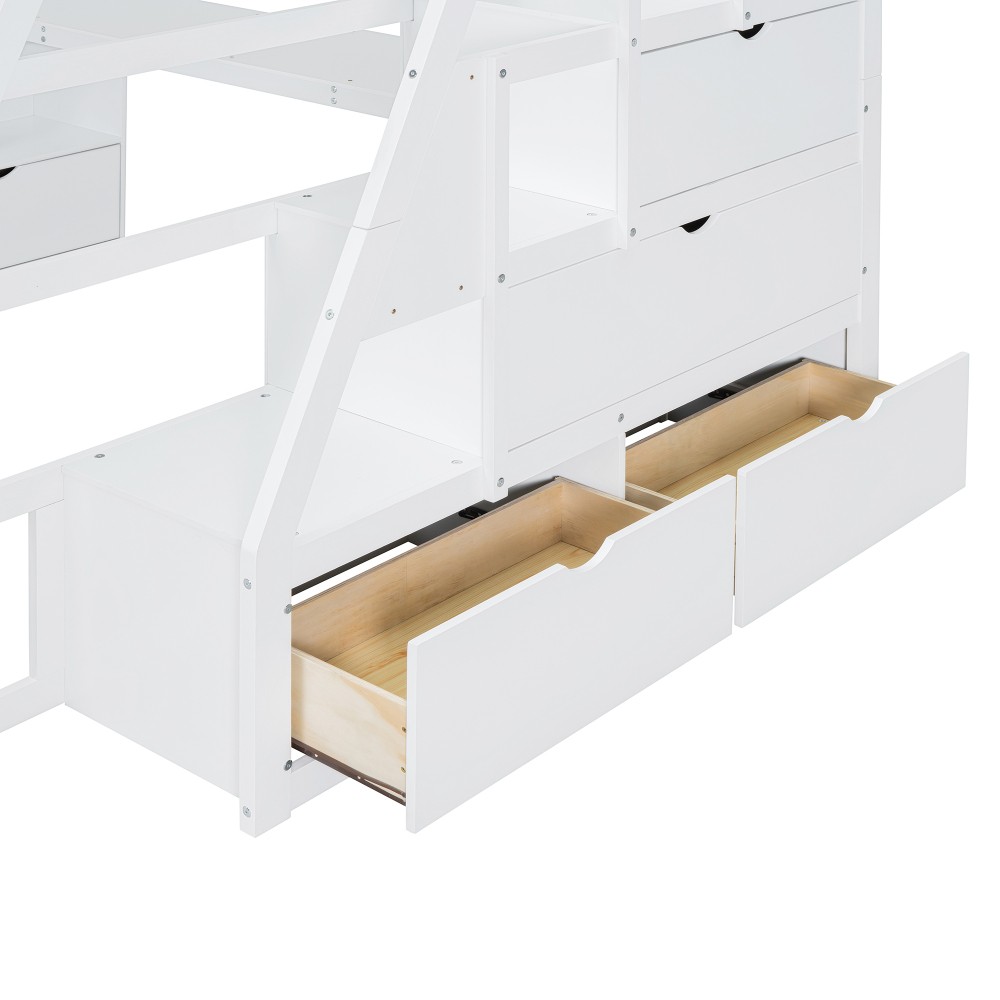 Full Loft Bed w/ Desk & Storage - White - Sturdy Pine Frame