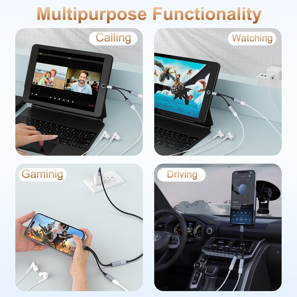 iPhone Splitter for Charging & Headphone Adapter to two Lighting MFi-Certified