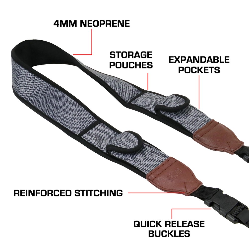 USA GEAR TrueSHOT Camera Neck Strap with Accessory Pockets (Grey Woven Pattern)