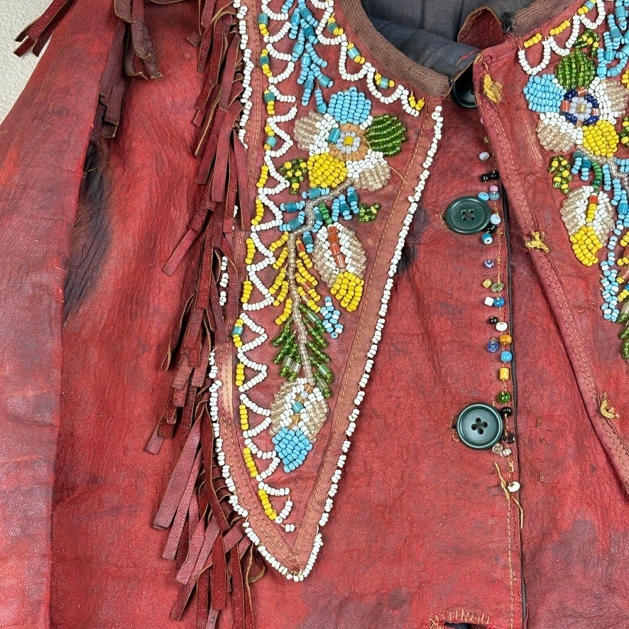 1880 - 1920 Handmade Red Leather Beaded Ceremonial Coat Native American Western