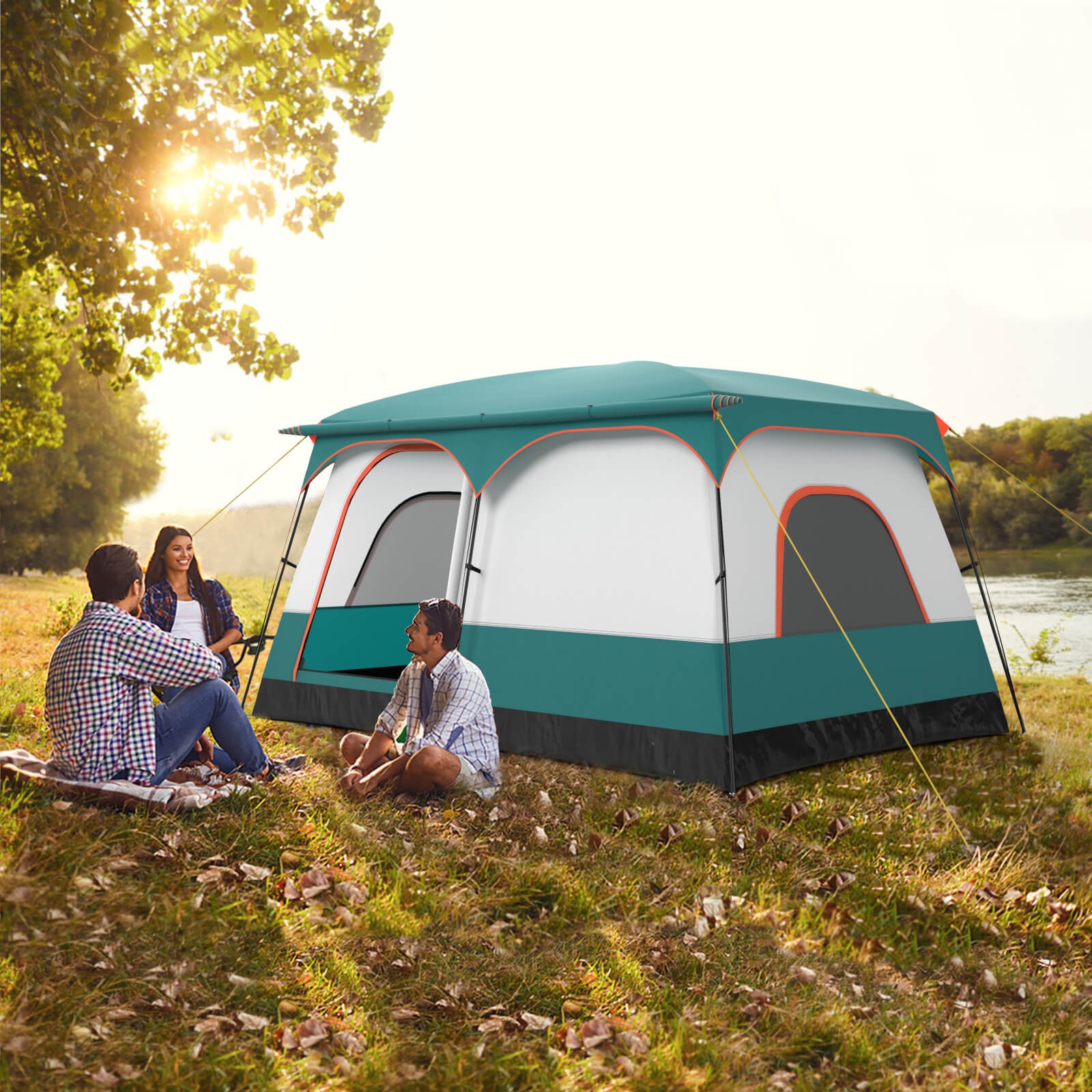 8-Person Camping Tent with Porch Large Family Cabin Tent with 2 Rooms 2 Doors