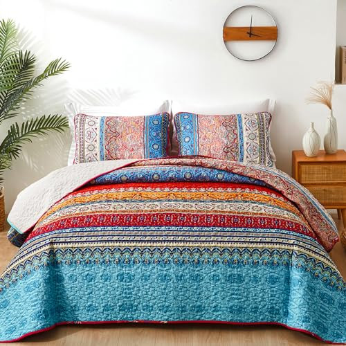 Bohemian Quilt Set Full Size, Boho Striped Pattern Quilts Bedspread Set for