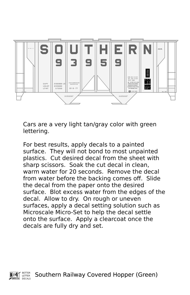 K4 HO Scale Decals Southern Railway Covered Hopper Green