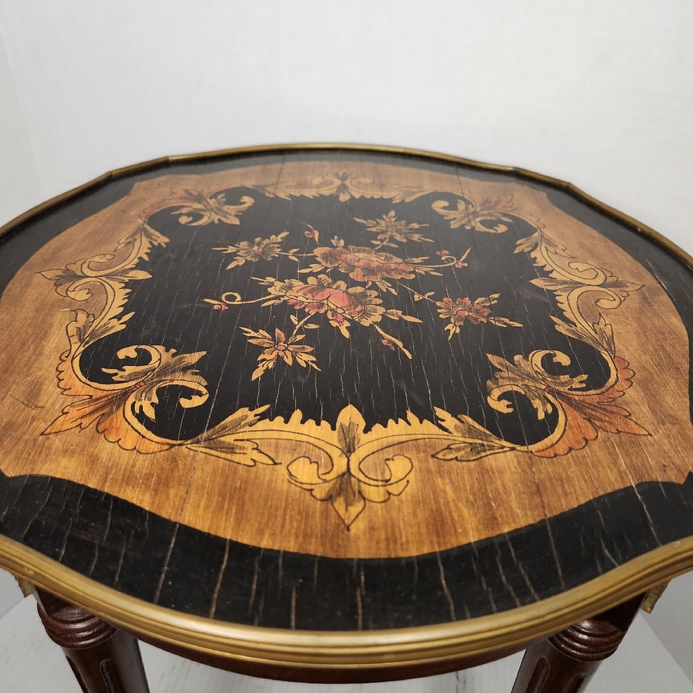 French Side Table W/ Handpainted Ebonized Top Metal Edging Ormolu Accent Antique