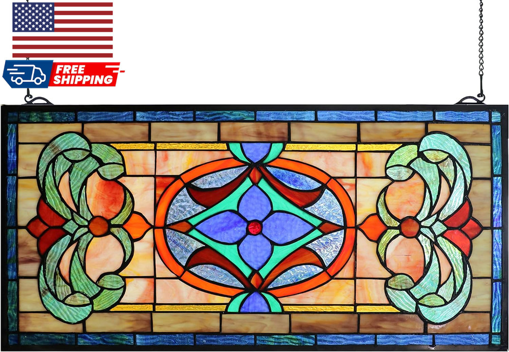 Extra Large Horizontal Transom Window Stained Glass Window Panels Hanging 26"