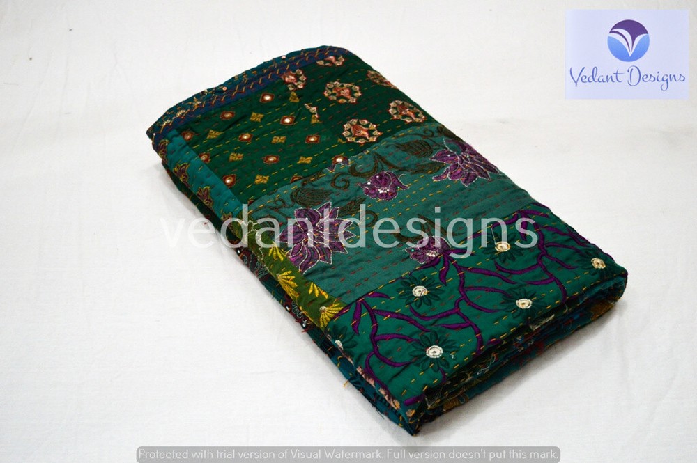Indian Handmade Patchwork Kantha Quilt Reversible Bedspread Queen Cotton