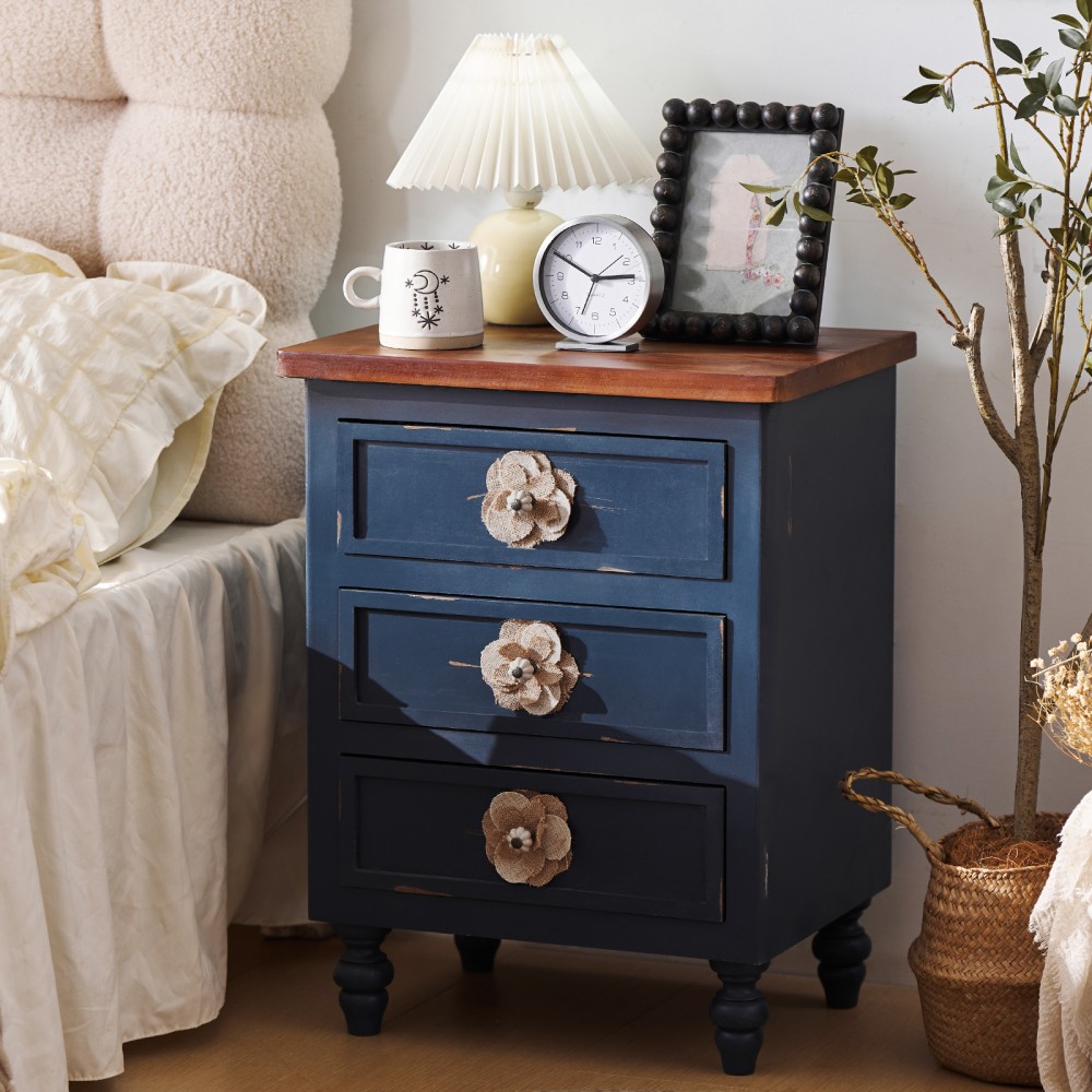 Side Table with Floral Knobs Three-Drawer Design Featuring Gourd-Shaped Legs