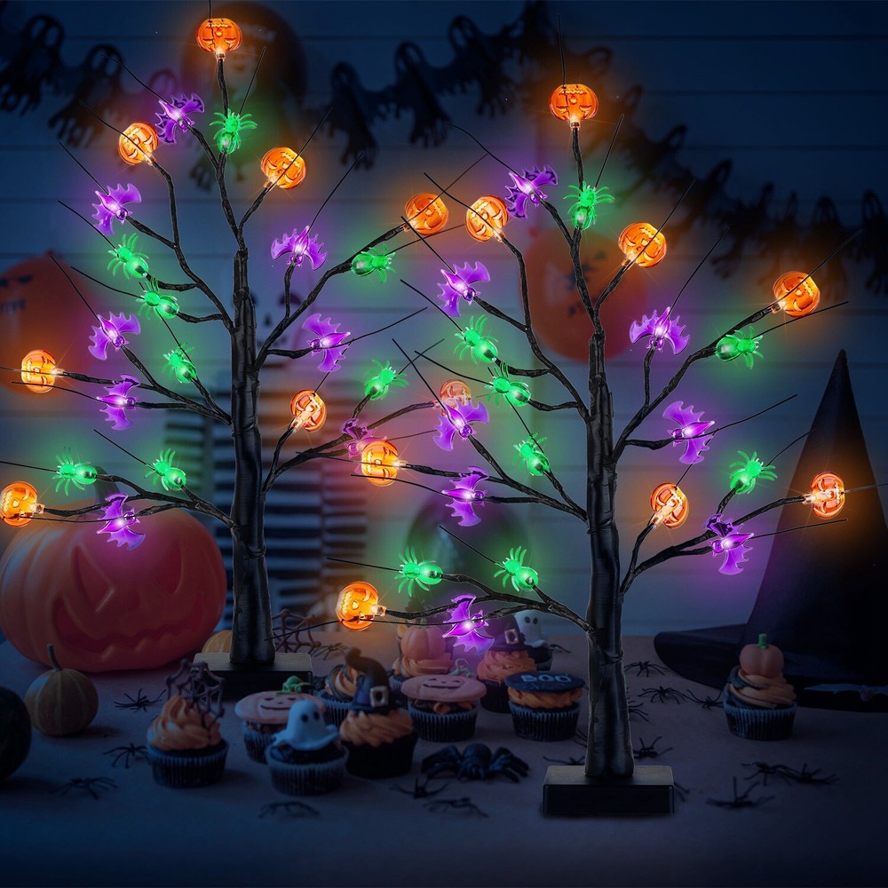 2 Pack 1.97FT Lighted Halloween Trees Indoor Tabletop Decorations Tree Lights