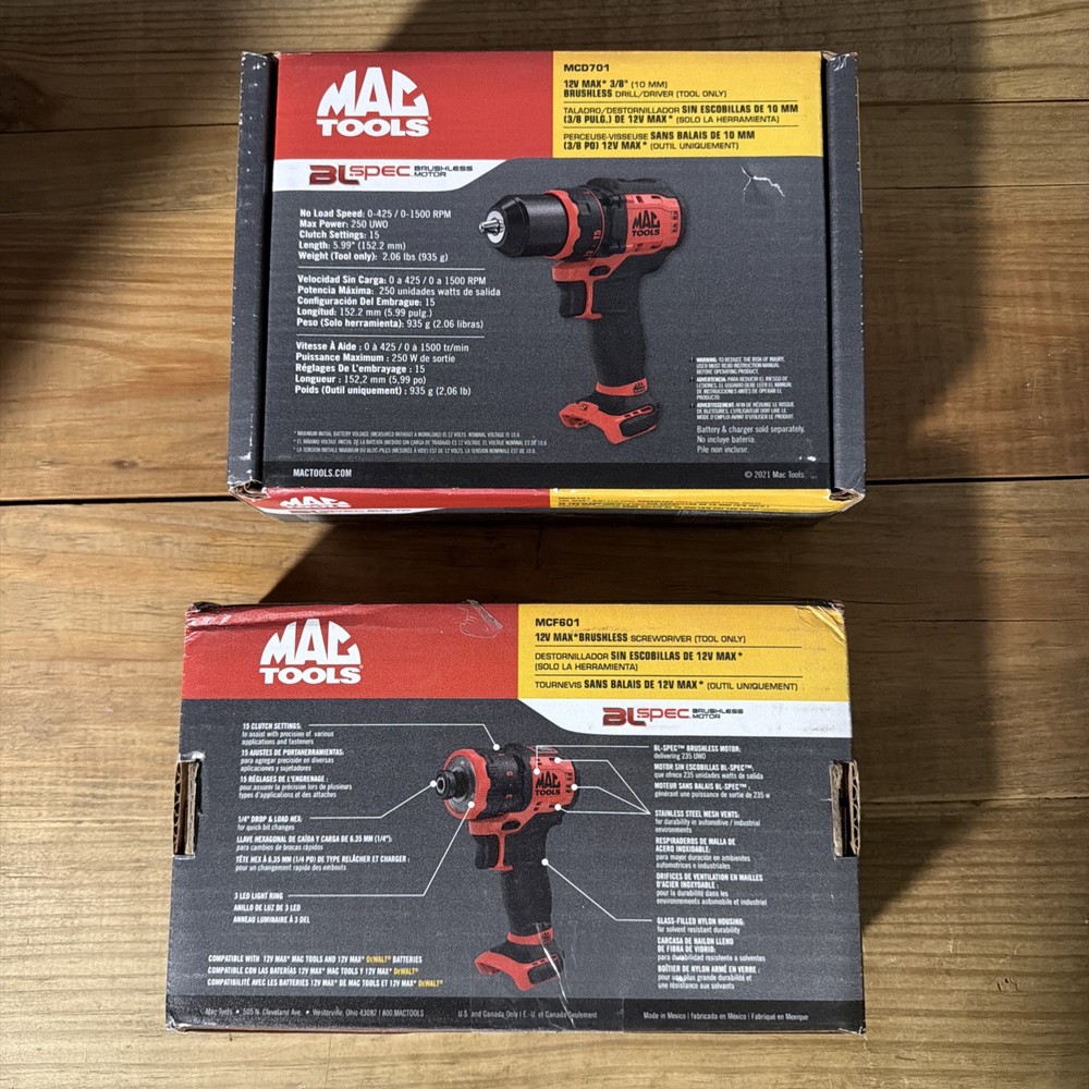 Mac Tools MCF601 Brushless Screwdriver & MCD701 Drill Driver 12V MAX (Tool Only)