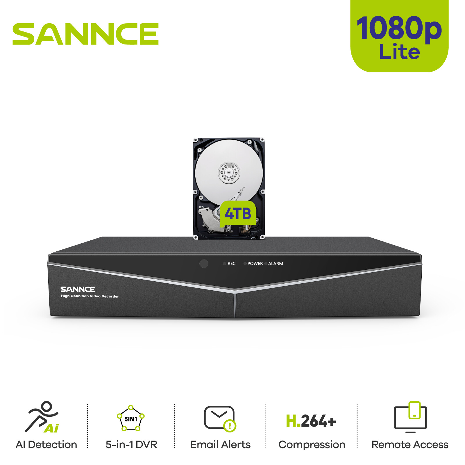 SANNCE 5in1 16CH DVR 1080P Lite CCTV Security Video Recorder for Camera System