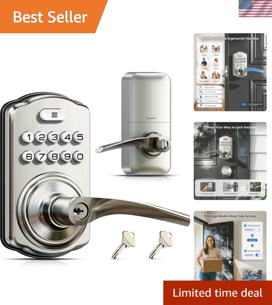 Keypad Door Lock with Handle, Keyless Entry for Front Door & Bedroom, Electro...