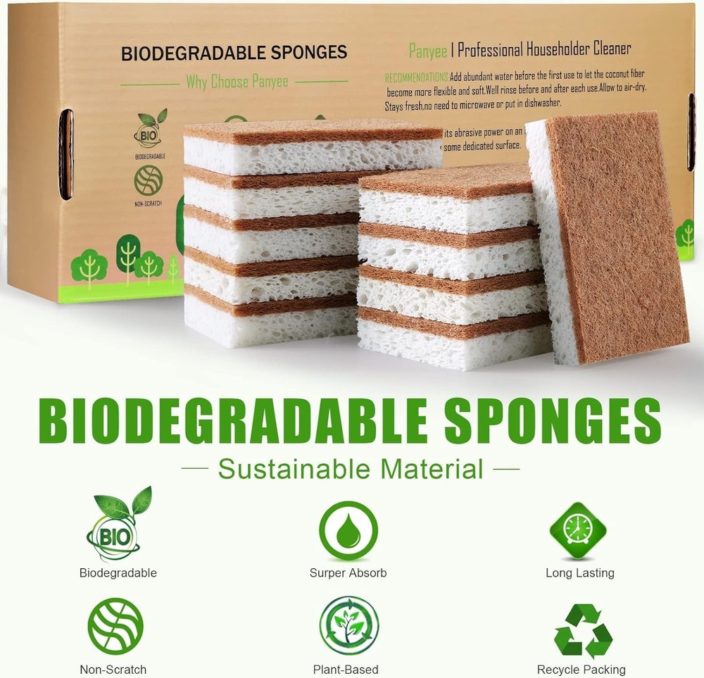 Biodegradable Natural Kitchen Sponge，Eco Friendly Sponges for Dishes,Composta...