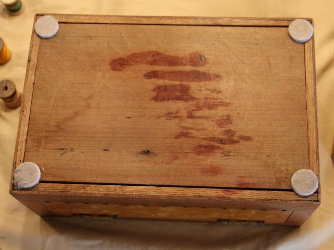Antique Sewing Box Oak & Bird's Eye Maple w Contents - Anna Miles - Square Nails