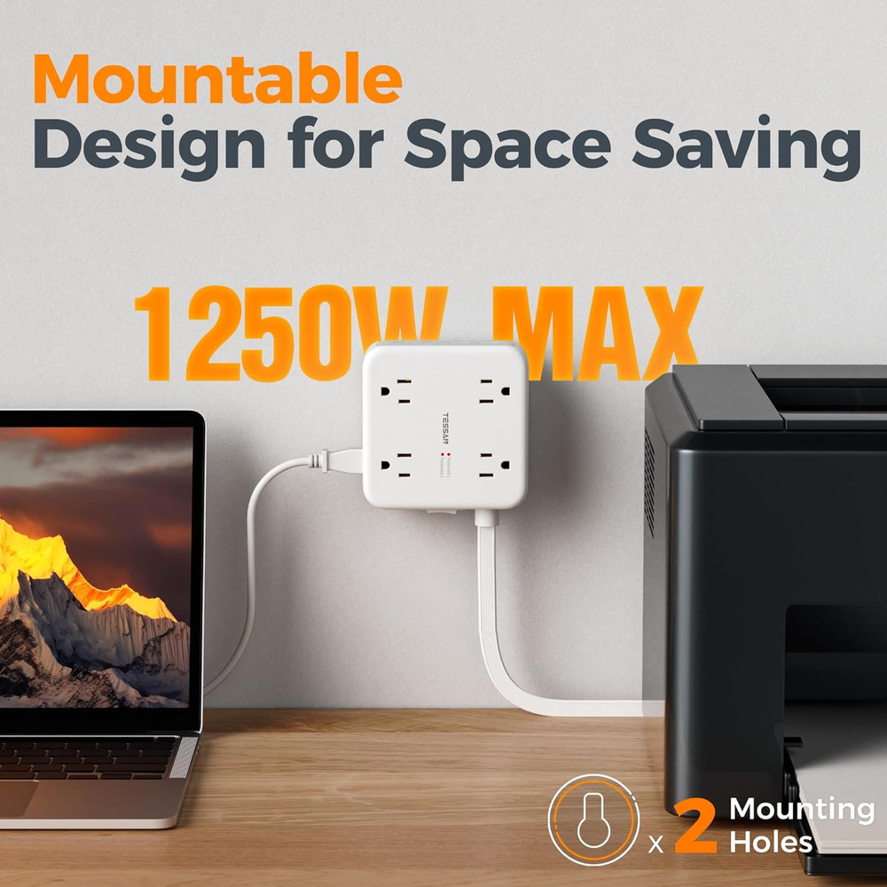 Dual Surge Protector Power Strip, Ft Extension Cord Flat Wall Plug with USB (