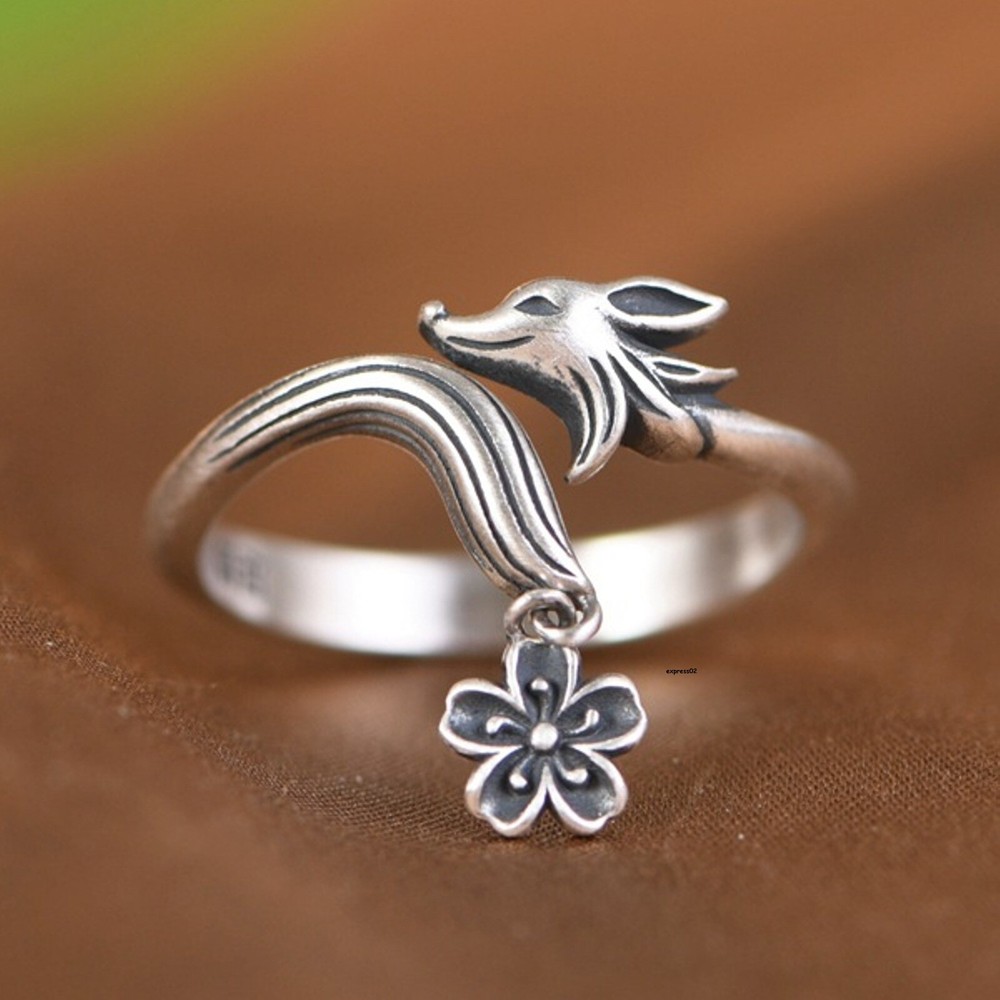 Solid 925 Sterling Silver Band Women Luck Flower Fox Open Ring