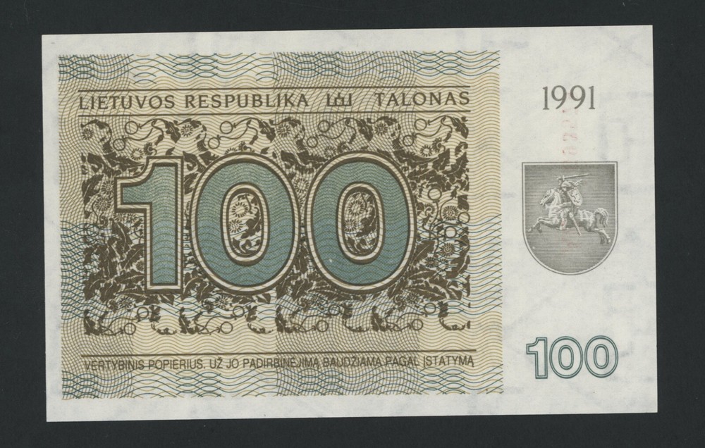 LITHUANIA 100 TALONAS 1991 AE PICK # 38b UNC.