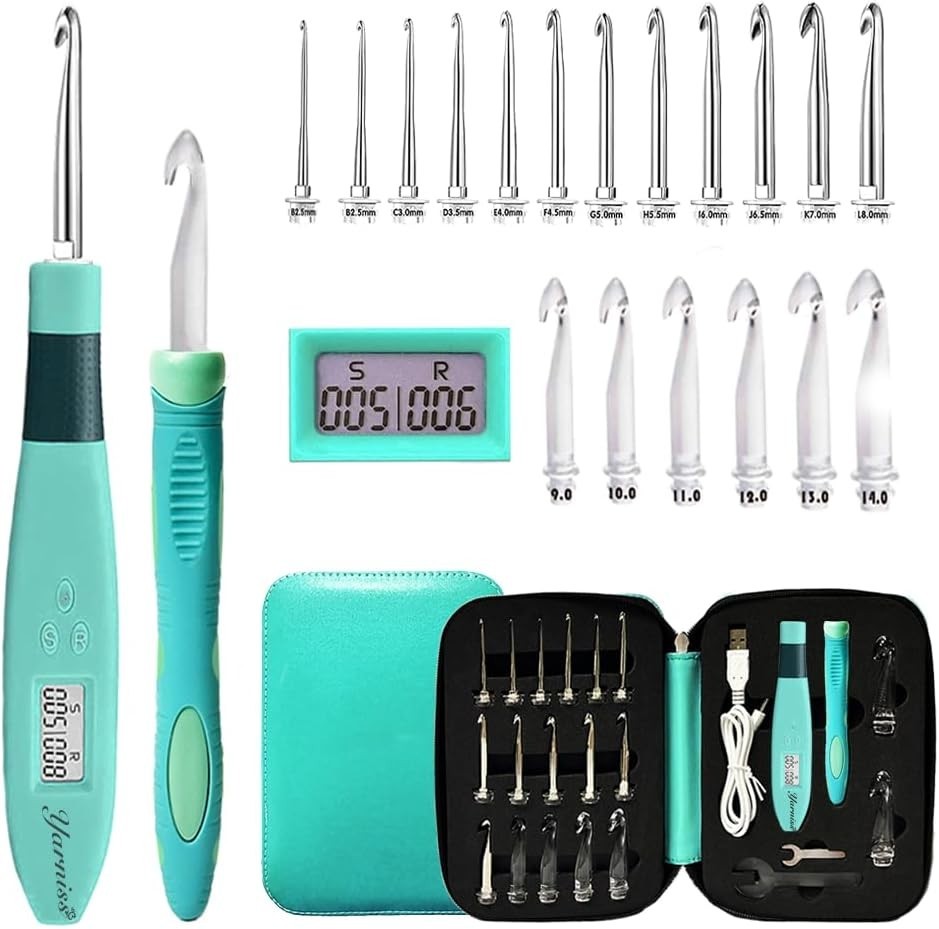 Complete 18-Piece Digital Counter Crochet Hook Set - Lighted & Interchangeable