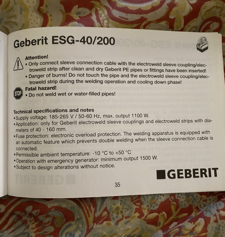 GEBERIT ESG 40/200 ELECTROFUSION PIPE SOCKET WELDER