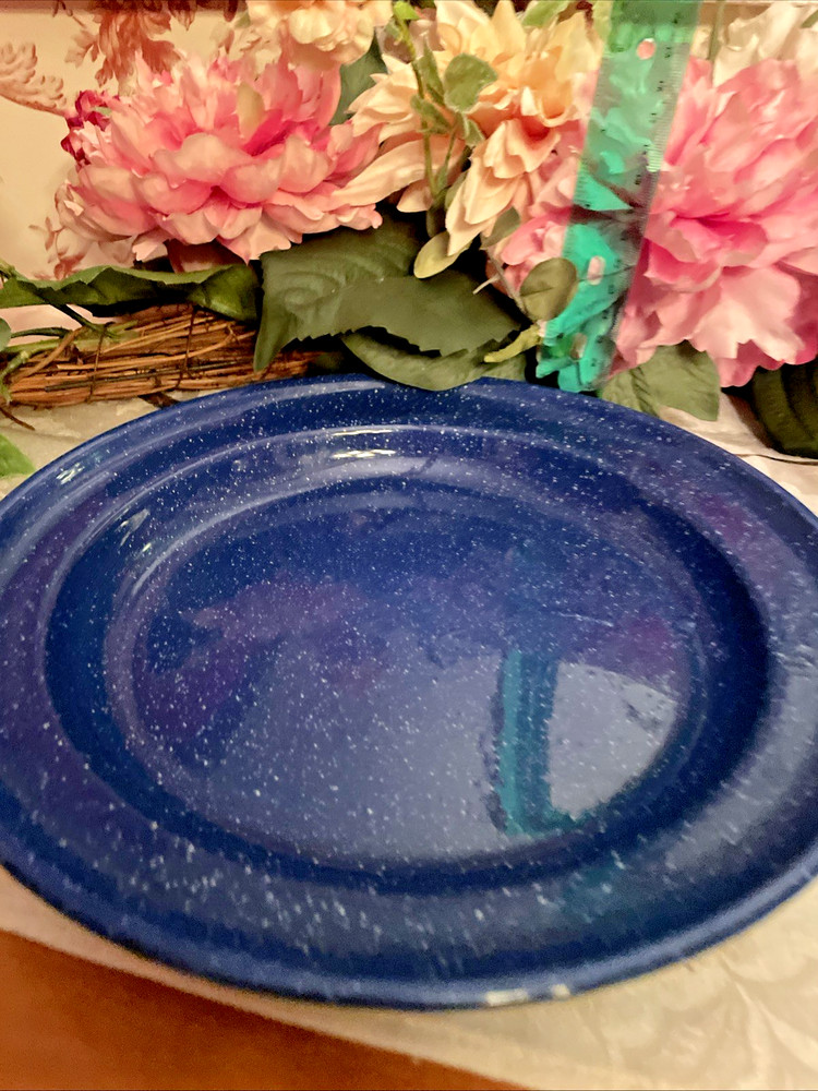 4 Blue Speckled Enamelware Deep Plate Dish 10.75" D Camping Picnic Retro EUC
