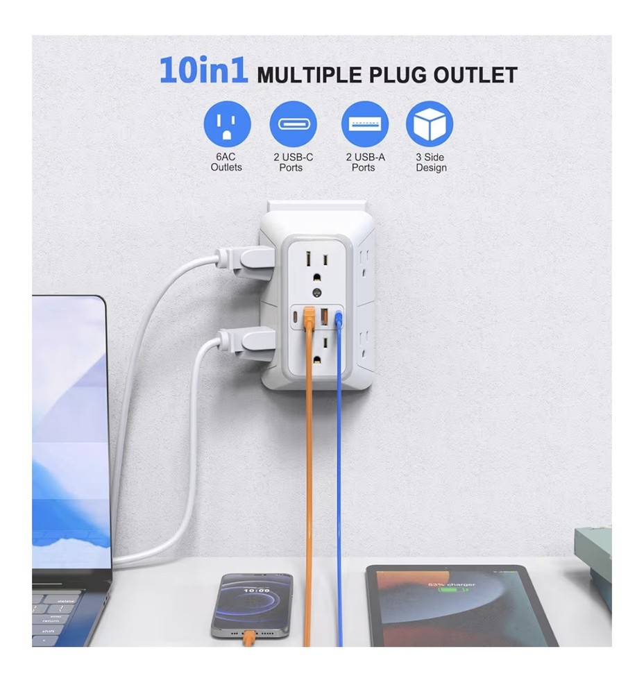 US Multi Socket Wall 6 AC Outlets 4 USB Port, 2 Type C Universal Plug Charger