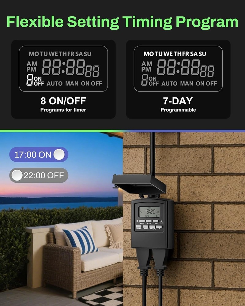 Weatherproof Digital Outdoor Timer with 8 Programs & Easy Push Button Control