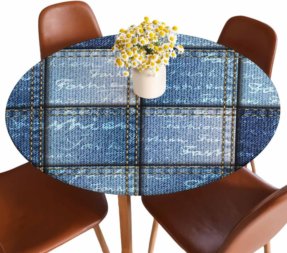 Denim Patchwork Pattern round Blue Toned Shapes Square Waterproof Wipeable Table