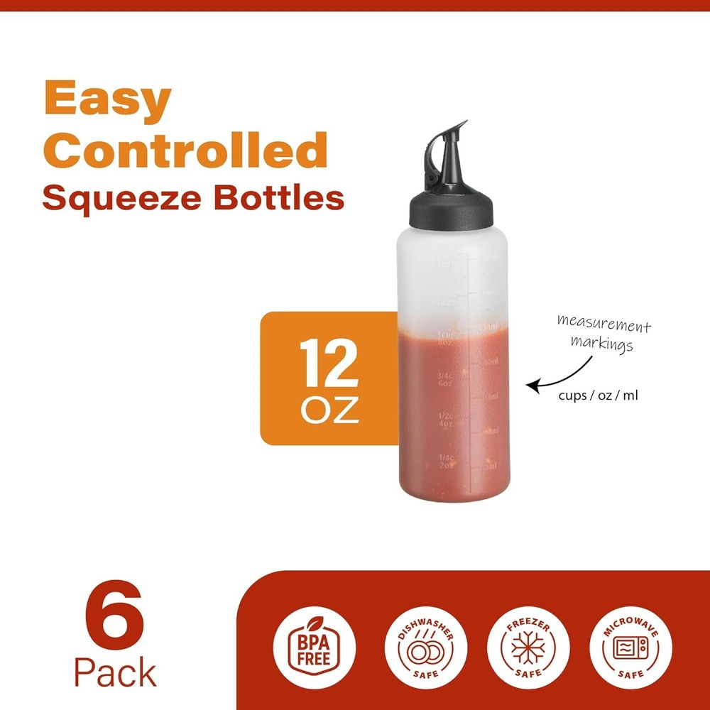 6 Pack Squeeze Bottles Sauces & Liquids 12 Oz Easy Pour Leak Proof Snap Cap