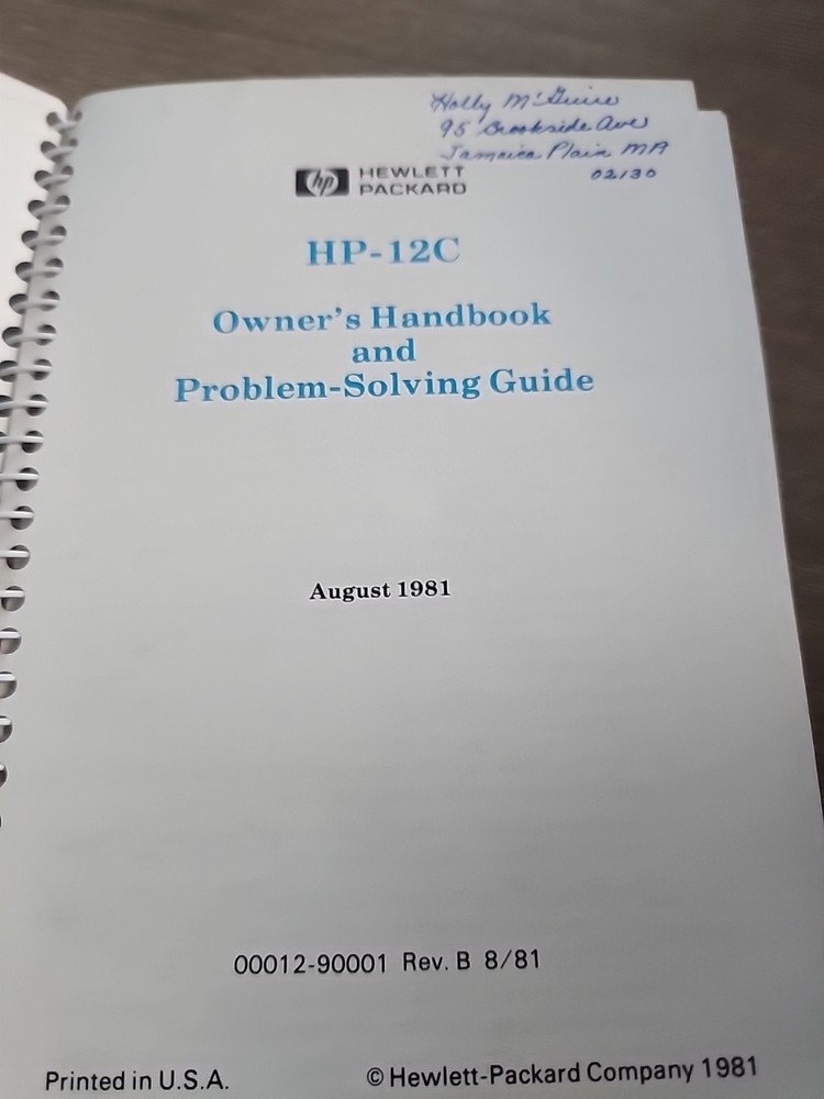 Hewlett Packard HP-12C Owner's Handbook And Problem-Solving Guide 4/86