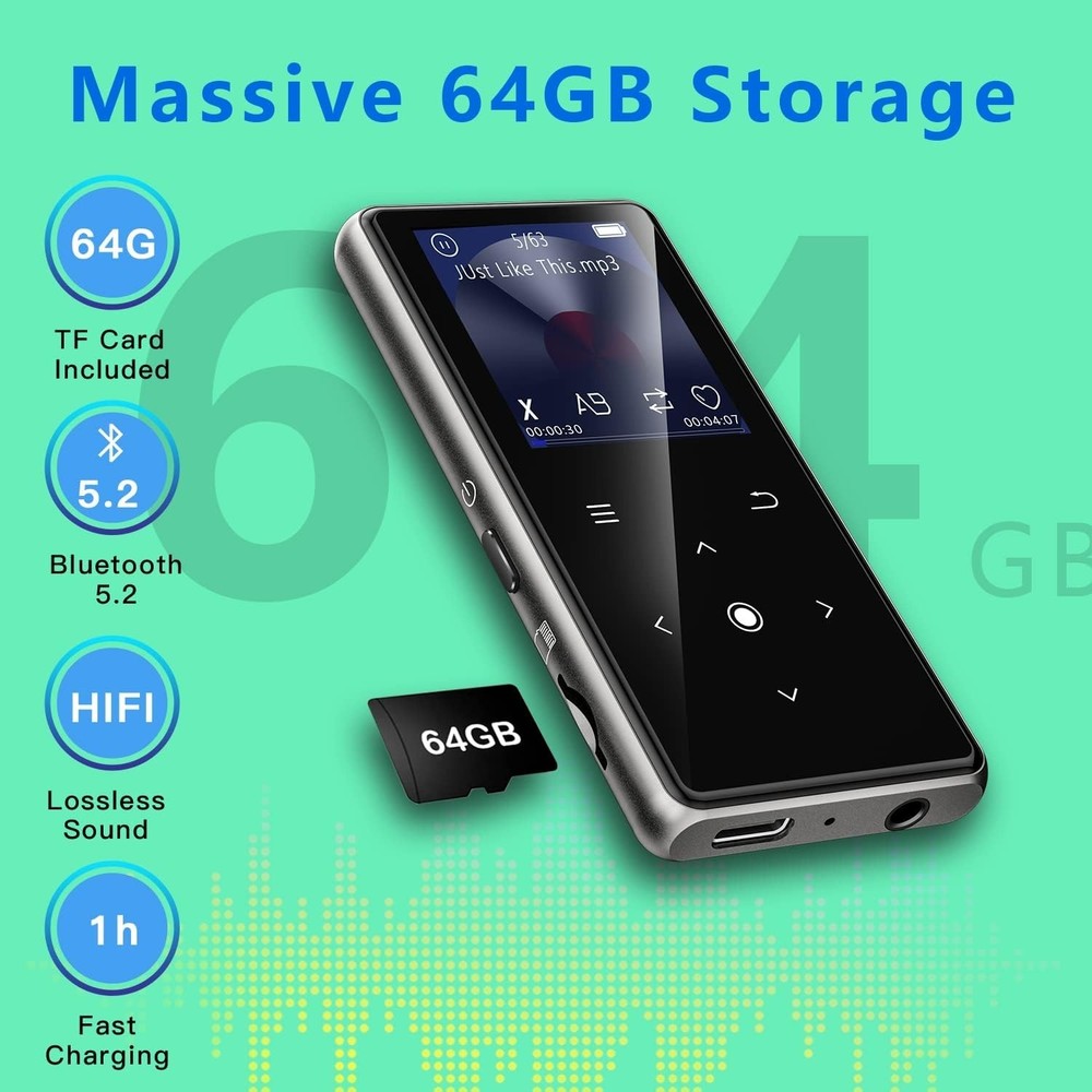 Wireless 64GB MP3 Player with HD Speaker, Voice Recorder & E-Book Functionality