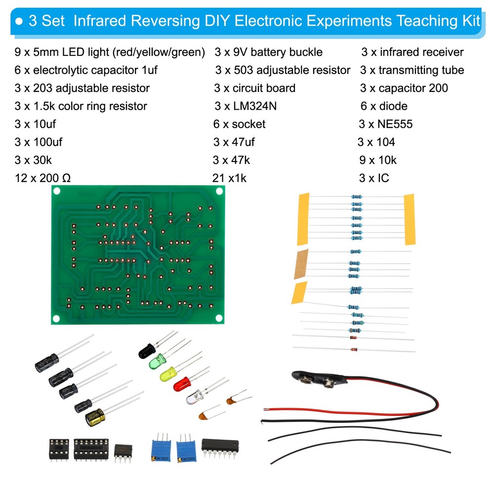 Soldering Practice Board, 3 Set PCB Board DIY Infrared Reversing Electronics, 9V