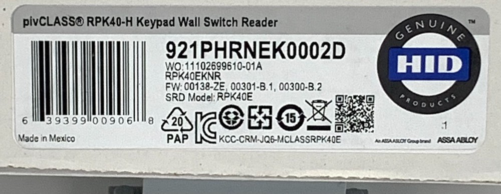 HID piv CLASS RPK40-H Keypad Wall Switch Reader(921PHRNEK002D)