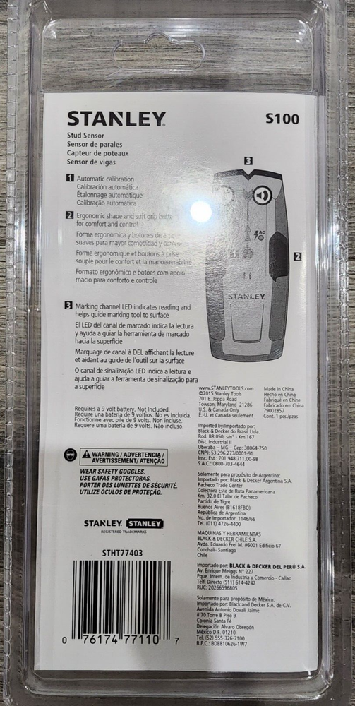 NIB! BRAND NEW! STANLEY S100 STUD SENSOR FINDER MODEL NO. STHT77403