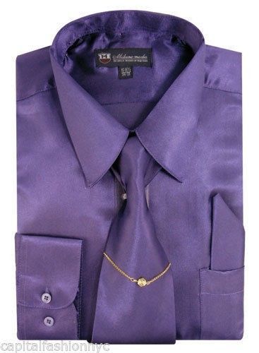 Men's Satin Polyester Formal Dress Shirt Tie Hanky Set #08